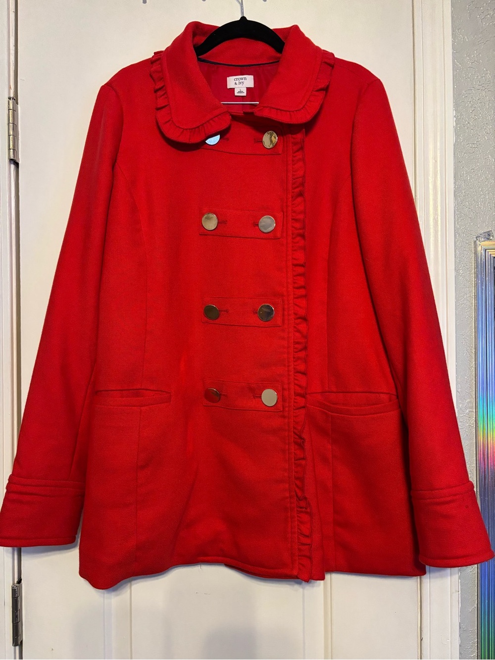 crown & ivy Red Double-Breasted Pea Coat with Ruffle Trim